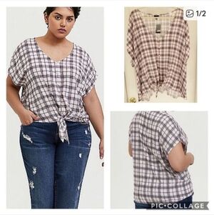 Torrid Black and White Plaid Tie Front Blouse